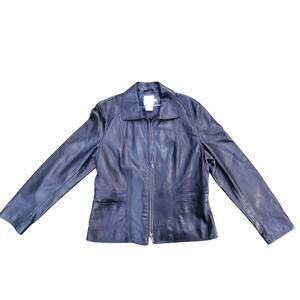 XL Faconnable Womens Black Zip Up Soft Lambskin Leather Jacket French Design